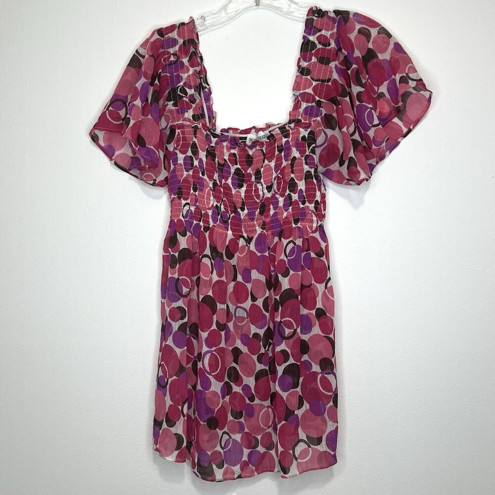 Motherhood Maternity Small Pink Purple Smocked Sheer Empire Blouse Top Tie Back